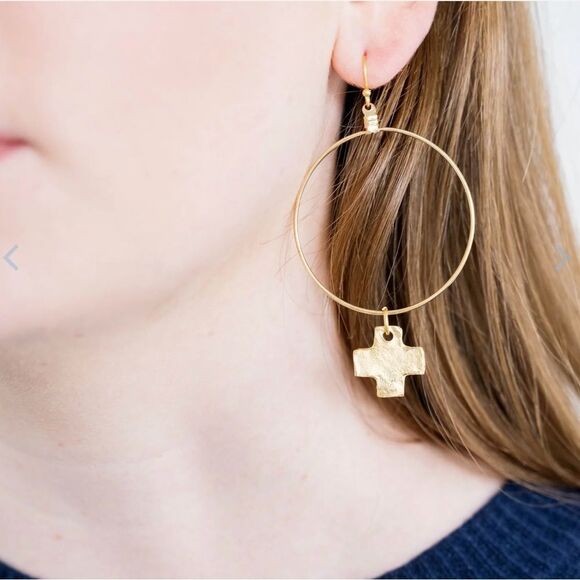 Susan Shaw Cross drop hoopsGold Hoop Earrings with Cross Charm - Picture 2 of 2